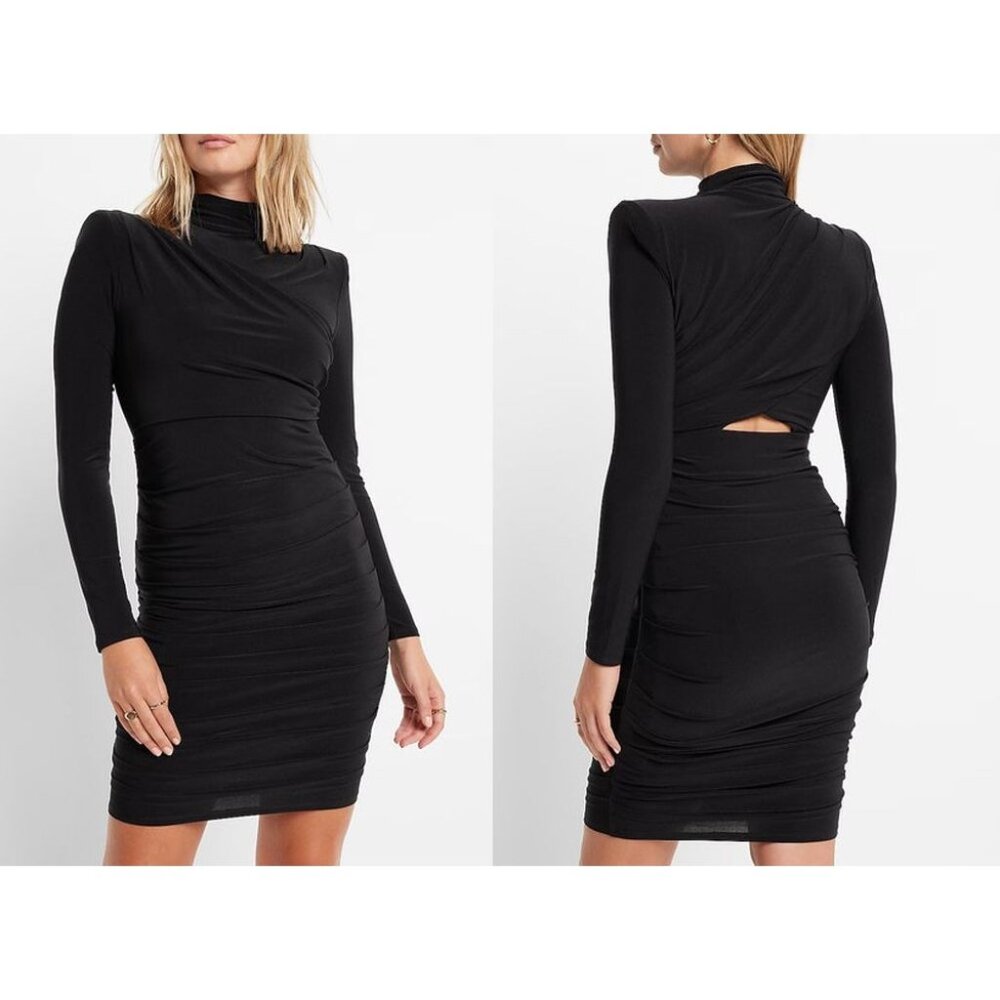Express Ruched Mock Neck Strong Shoulder Back Cutout Mini Dress XS